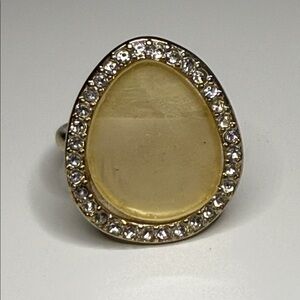 Large Silver tone and rhinestone Cream tear drop Ring Sz 10